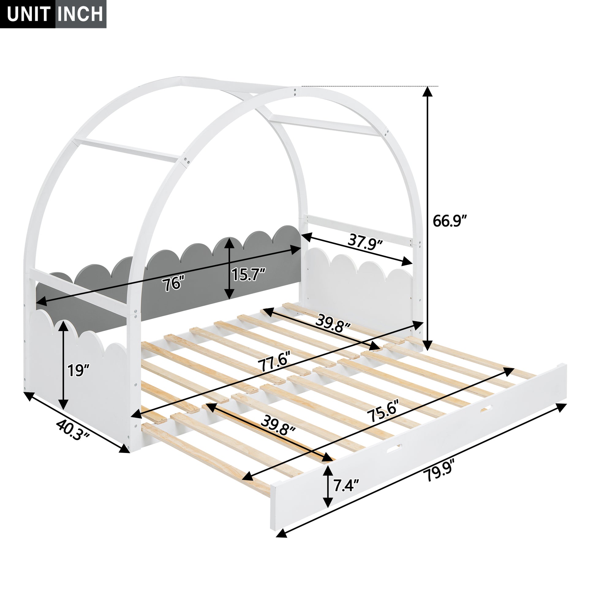 Twin Size Stretchable Vaulted Roof Bed, Children'S Bed Pine Wood Frame, White Gray Box Spring Not Required Twin White Gray Wood Daybeds Pine