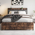 Queen Size Bed Frame, Storage Headboard With Charging Station And 2 Drawers, Solid And Stable, Noise Free, No Box Spring Needed, Easy Assembly, Vintage Brown And Gray Box Spring Not Required Queen Black Iron Brown Bedroom Bed Frame Metal & Wood