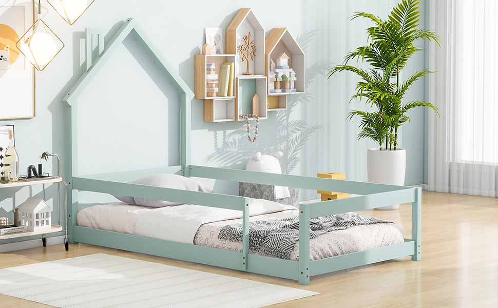 Twin Size Wood Bed With House Shaped Headboard Floor Bed With Fences,Light Green Twin Light Green Wood Bedroom American Design Pine Pine