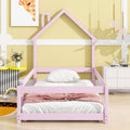 Twin Size Wood Bed With House Shaped Headboard Floor Bed With Fences,Pink Twin Pink Wood Bedroom American Design Pine Pine