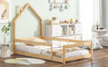 Twin Size Wood Bed With House Shaped Headboard Floor Bed With Fences,Natural Twin Natural Wood Bedroom American Design Pine Pine