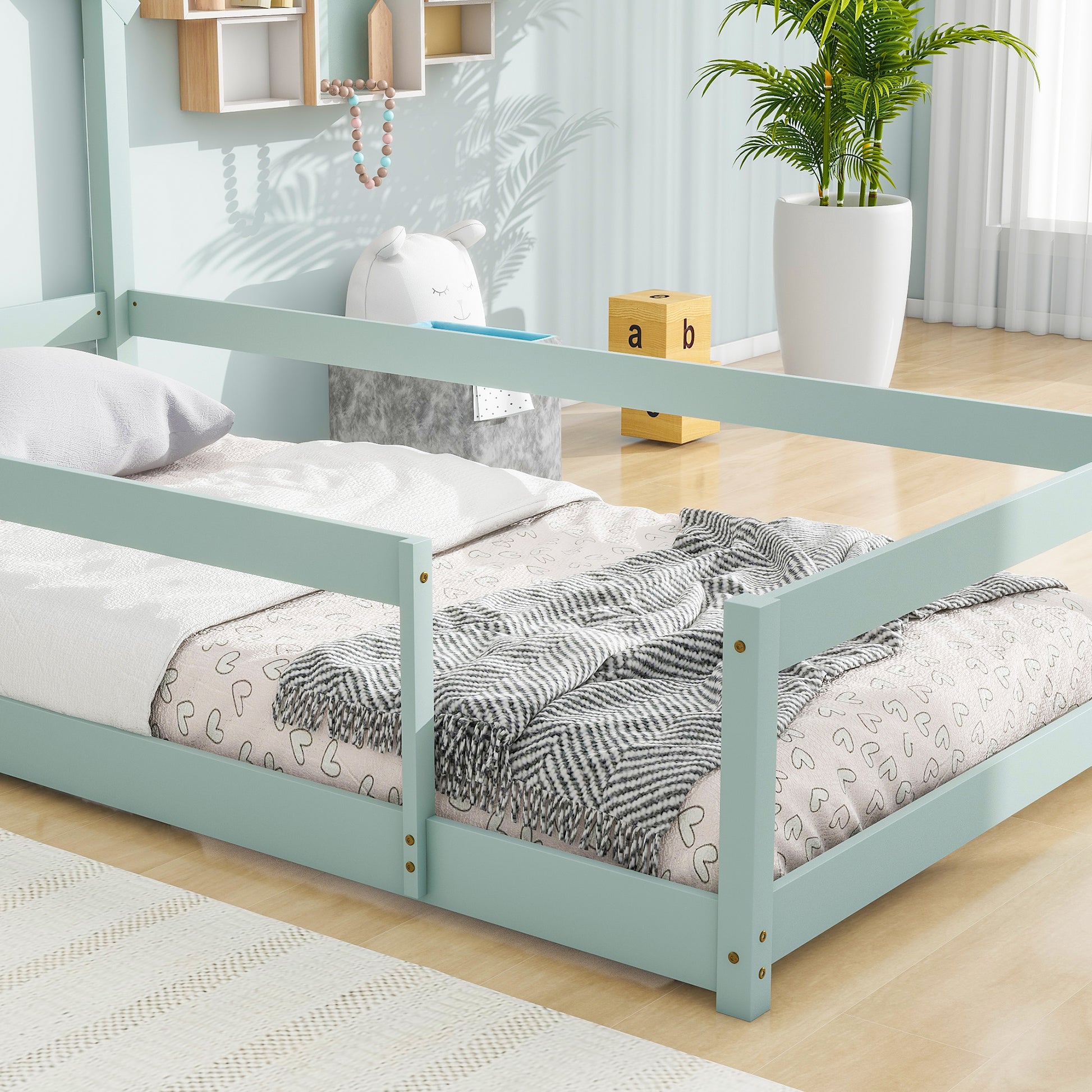 Twin Size Wood Bed With House Shaped Headboard Floor Bed With Fences,Light Green Twin Light Green Wood Bedroom American Design Pine Pine