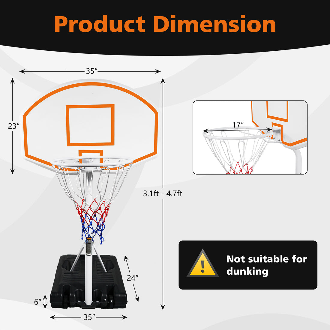 Poolside Basketball Hoop Portable Swimming Pool Basketball System Height Adjustable 3.1Ft 4.7Ft With 36" Backboard For Indoor Outdoor Use Orange Balls Sports Orange Portable Garden & Outdoor Iron Plastic