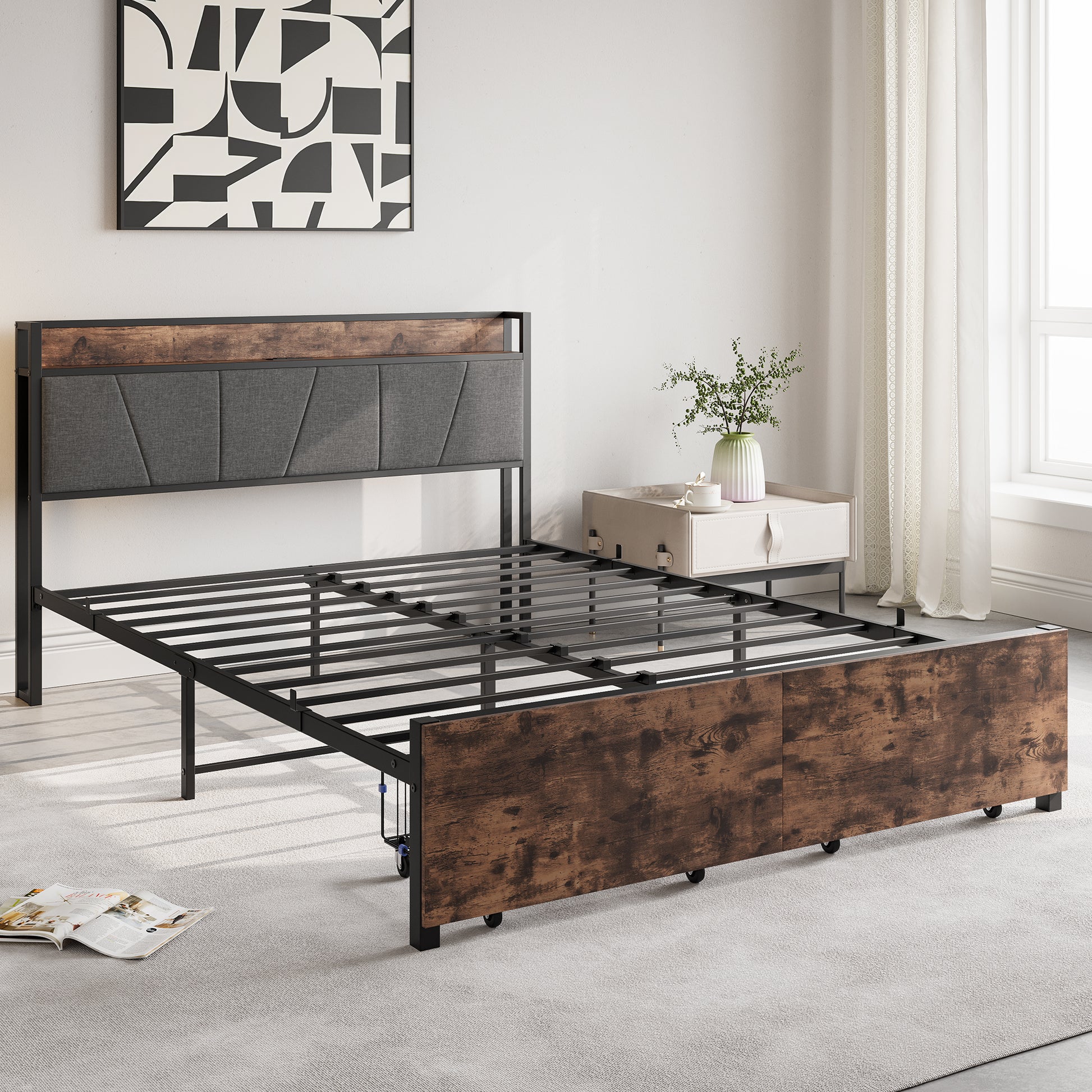 Queen Size Bed Frame, Storage Headboard With Charging Station And 2 Drawers, Solid And Stable, Noise Free, No Box Spring Needed, Easy Assembly, Vintage Brown And Gray Box Spring Not Required Queen Black Iron Brown Bedroom Bed Frame Metal & Wood