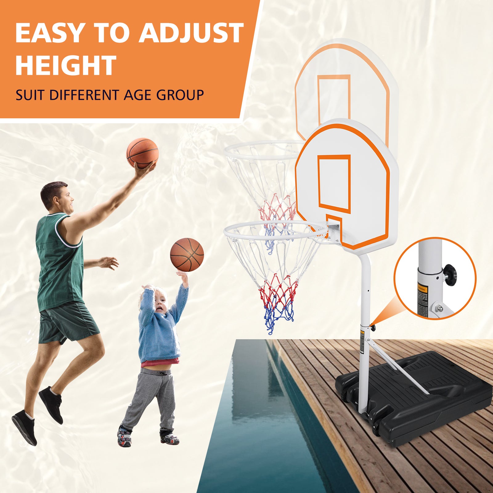 Poolside Basketball Hoop Portable Swimming Pool Basketball System Height Adjustable 3.1Ft 4.7Ft With 36" Backboard For Indoor Outdoor Use Orange Balls Sports Orange Portable Garden & Outdoor Iron Plastic