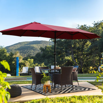 15X9Ft Large Double Sided Rectangular Outdoor Twin Patio Market Umbrella With Light And Base Red Red Metal