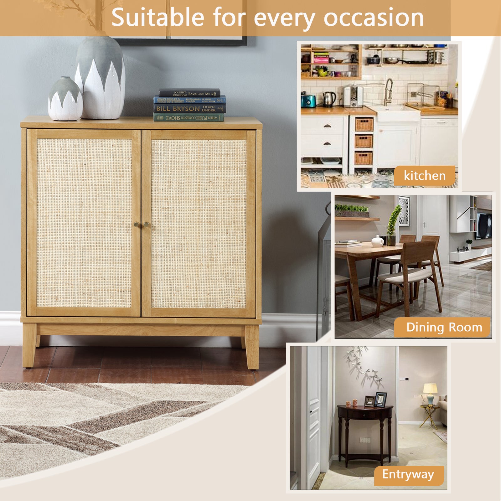 Buffet Cabinet With Storage,Storage Cabinet With Natural Rattan Decorated Doors,Rattan Cabinet With Adjustable Shelf,Sideboard For Living Room,Kitchen,Hallway,2 Doors, Storage, Natural Natural Rubber Wood