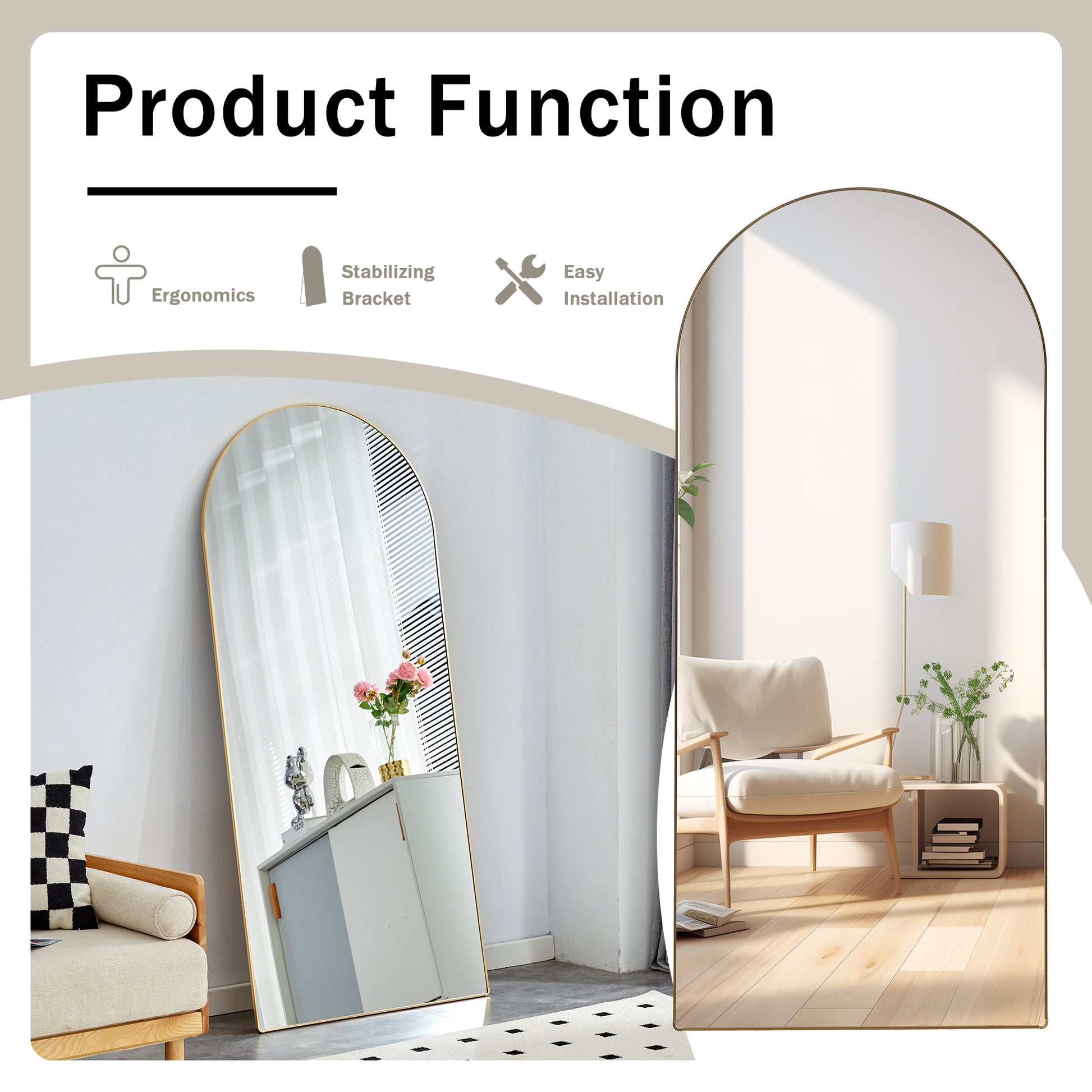 The 4Th Generation Floor Standing Full Length Rearview Mirror. Metal Framed Arched Wall Mirror, Bathroom Makeup Mirror, Floor Standing Mirror With Bracket. 71 "* 31" Am Transparent Glass