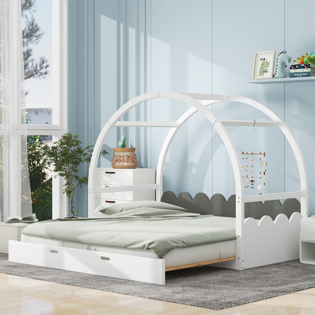 Twin Size Stretchable Vaulted Roof Bed, Children'S Bed Pine Wood Frame, White Gray Box Spring Not Required Twin White Gray Wood Daybeds Pine