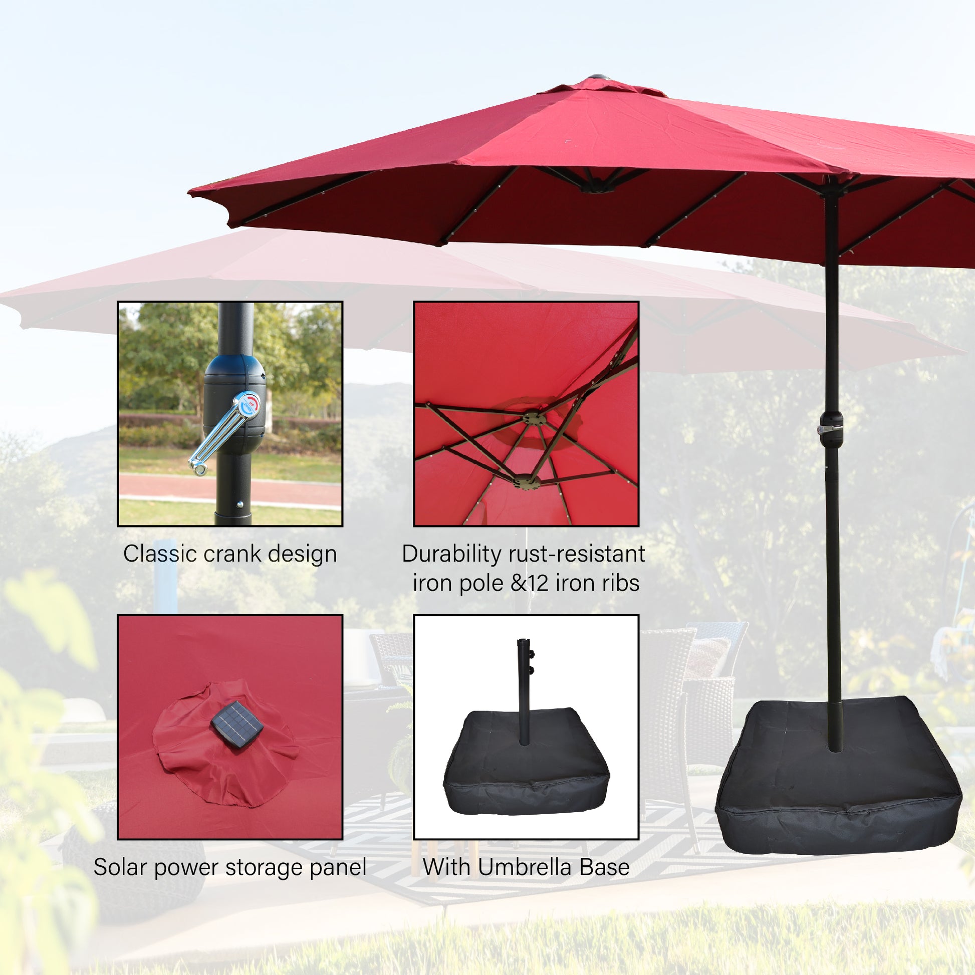 15X9Ft Large Double Sided Rectangular Outdoor Twin Patio Market Umbrella With Light And Base Red Red Metal