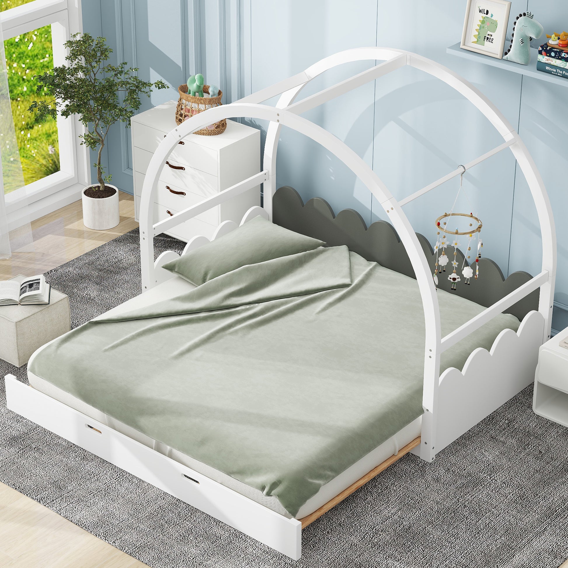 Twin Size Stretchable Vaulted Roof Bed, Children'S Bed Pine Wood Frame, White Gray Box Spring Not Required Twin White Gray Wood Daybeds Pine