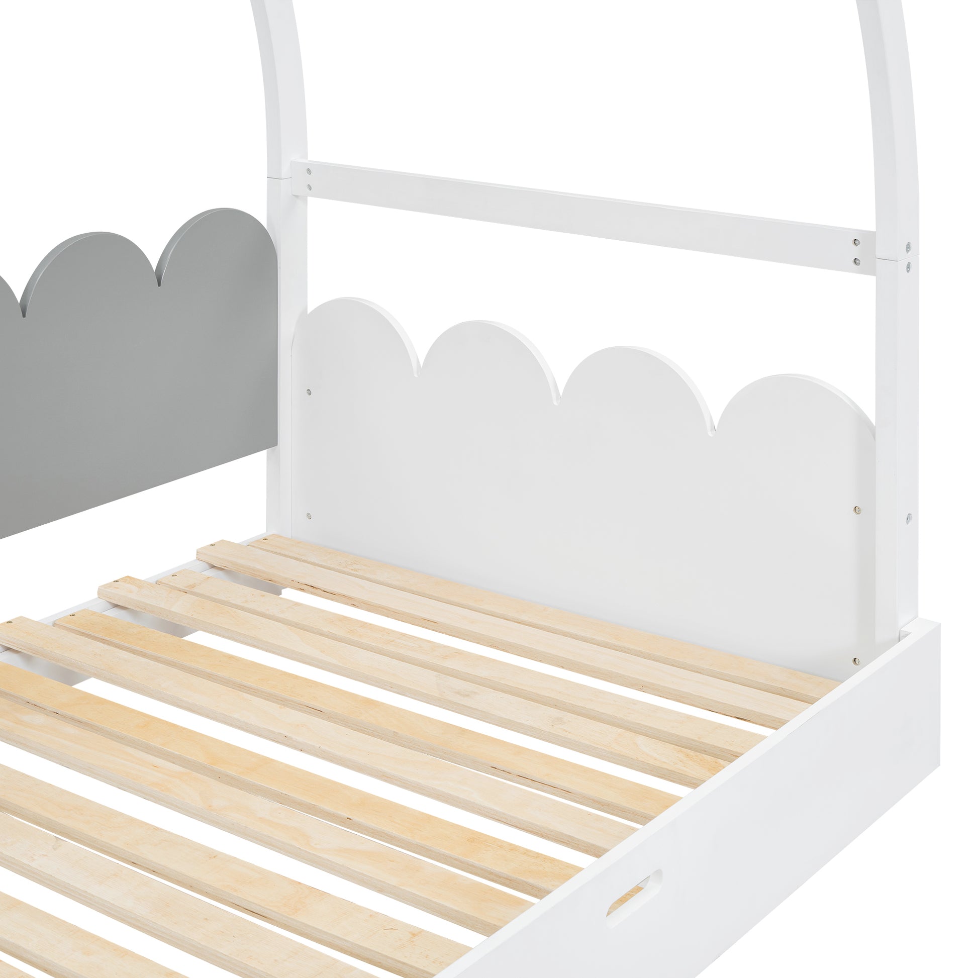 Twin Size Stretchable Vaulted Roof Bed, Children'S Bed Pine Wood Frame, White Gray Box Spring Not Required Twin White Gray Wood Daybeds Pine