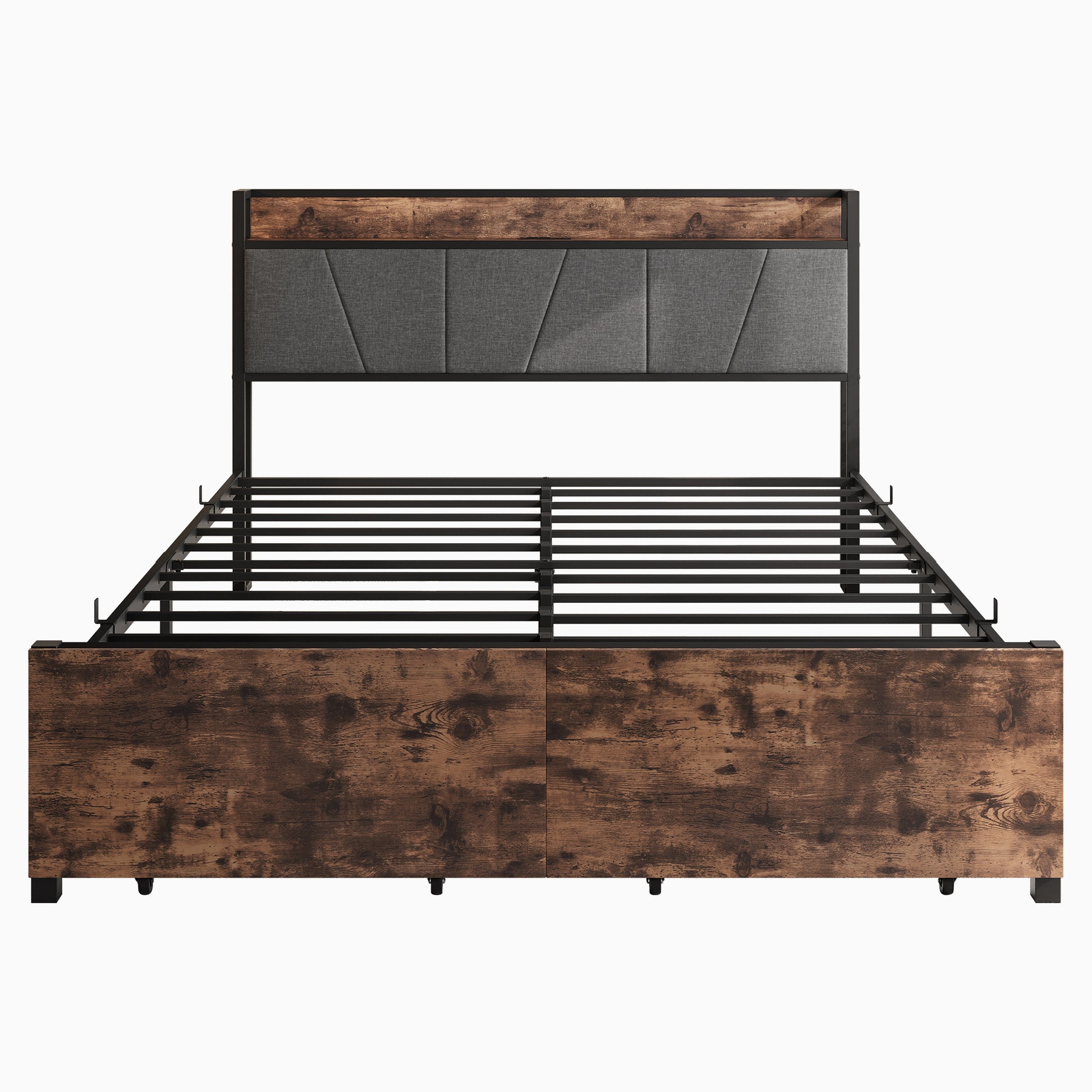 Queen Size Bed Frame, Storage Headboard With Charging Station And 2 Drawers, Solid And Stable, Noise Free, No Box Spring Needed, Easy Assembly, Vintage Brown And Gray Box Spring Not Required Queen Black Iron Brown Bedroom Bed Frame Metal & Wood