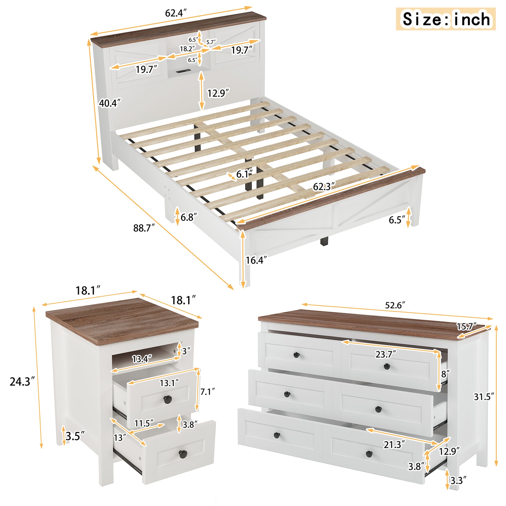 3 Pieces Bedroom Sets Queen Size Farmhouse Platform Bed With Double Sliding Door Storage Headboard, Storage Nightstand And Dresser, White Brown Queen White 3 Piece Set Particle Board