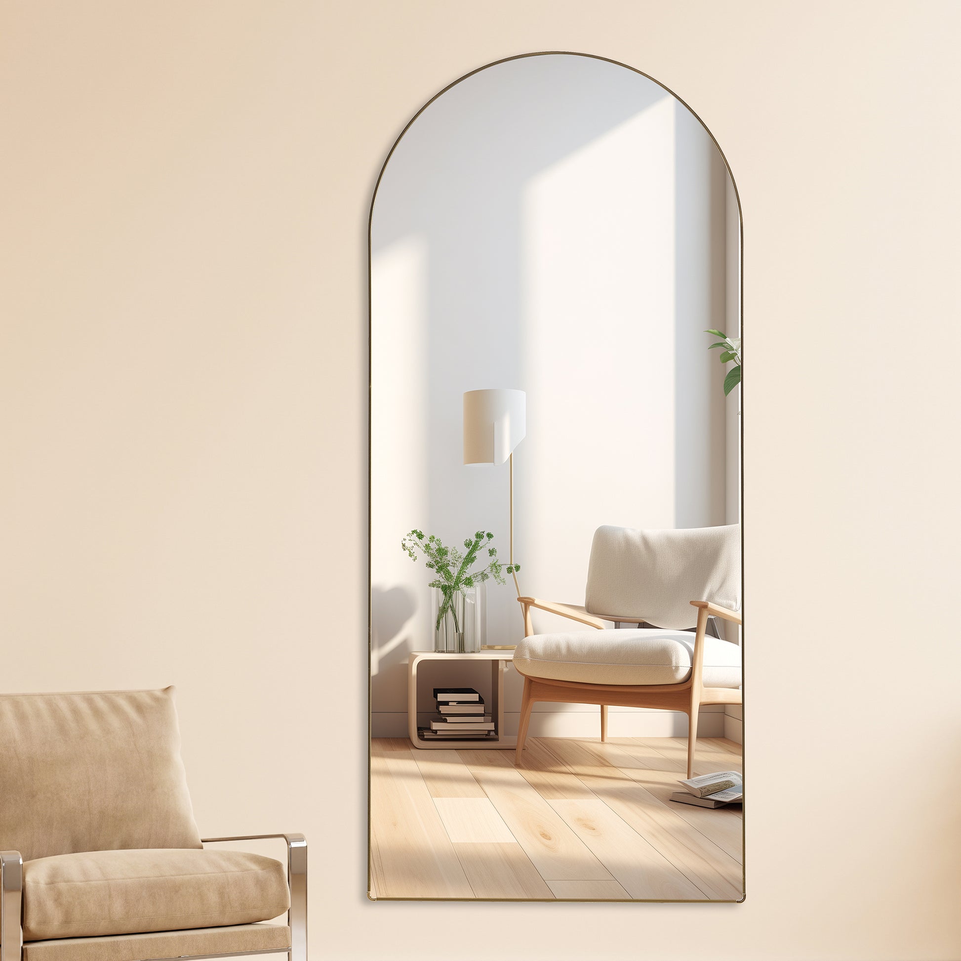 The 4Th Generation Floor Standing Full Length Rearview Mirror. Metal Framed Arched Wall Mirror, Bathroom Makeup Mirror, Floor Standing Mirror With Bracket. 71 "* 31" Am Transparent Glass