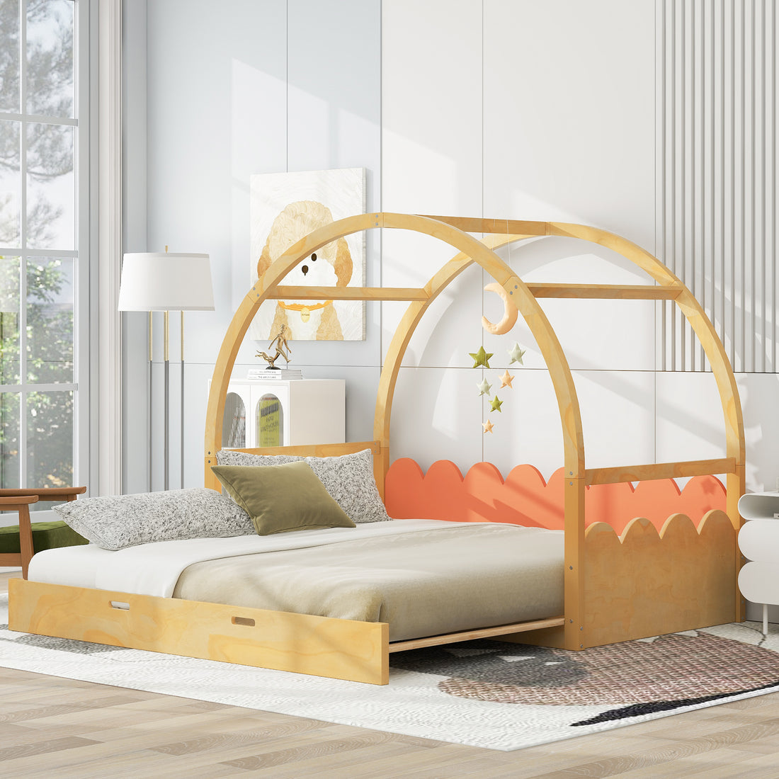 Twin Size Stretchable Vaulted Roof Bed, Children'S Bed Pine Wood Frame, Natural And Orange Box Spring Not Required Twin Brown Orang Yellow Wood Daybeds Pine