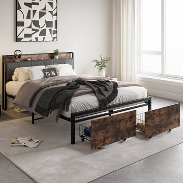 Queen Size Bed Frame, Storage Headboard With Charging Station And 2 Drawers, Solid And Stable, Noise Free, No Box Spring Needed, Easy Assembly, Vintage Brown And Gray Box Spring Not Required Queen Black Iron Brown Bedroom Bed Frame Metal & Wood