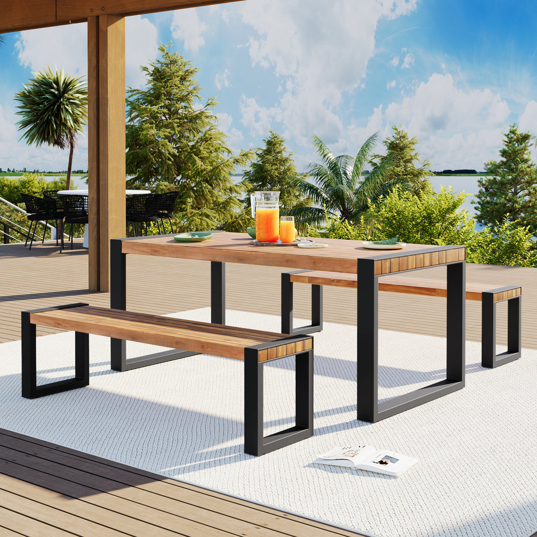 3 Pieces Outdoor Dining Table With 2 Benches, Patio Dining Set With Unique Top Texture, Acacia Wood Top & Steel Frame, All Weather Use, For Outdoor & Indoor, Natural No Acacia Wood Garden & Outdoor