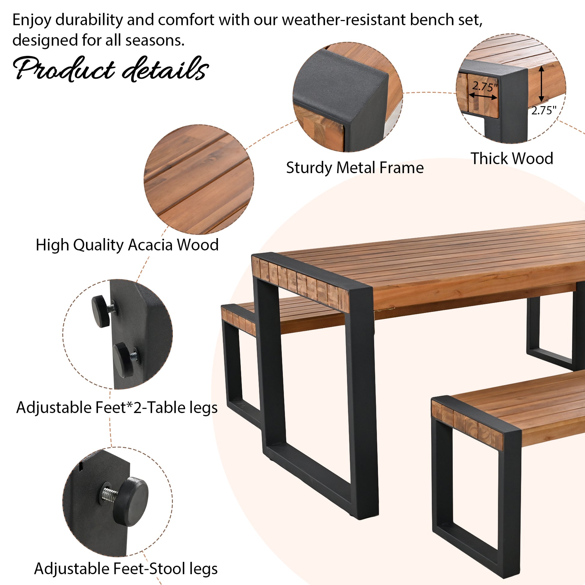 3 Pieces Outdoor Dining Table With 2 Benches, Patio Dining Set With Unique Top Texture, Acacia Wood Top & Steel Frame, All Weather Use, For Outdoor & Indoor, Natural No Acacia Wood Garden & Outdoor