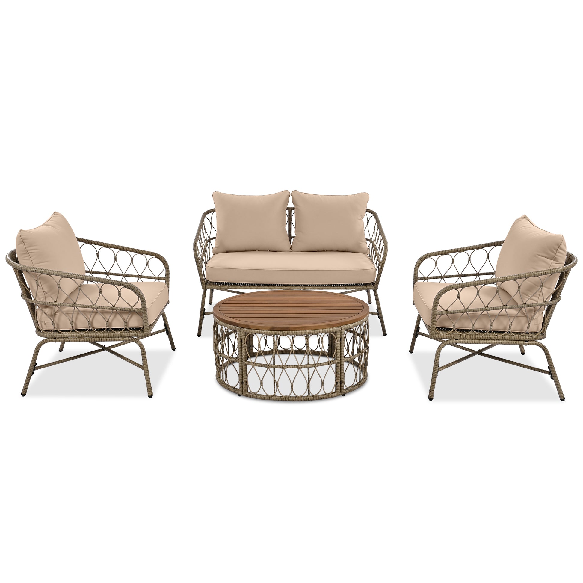 Bohemia Inspired 4 Person Outdoor Seating Group With Removable Cushions, Conversation Patio Set With Wood Tabletop, Beige Yes Beige Garden & Outdoor Complete Patio Sets Foam Wicker