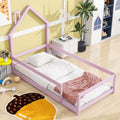 Twin Size Wood Bed With House Shaped Headboard Floor Bed With Fences,Pink Twin Pink Wood Bedroom American Design Pine Pine