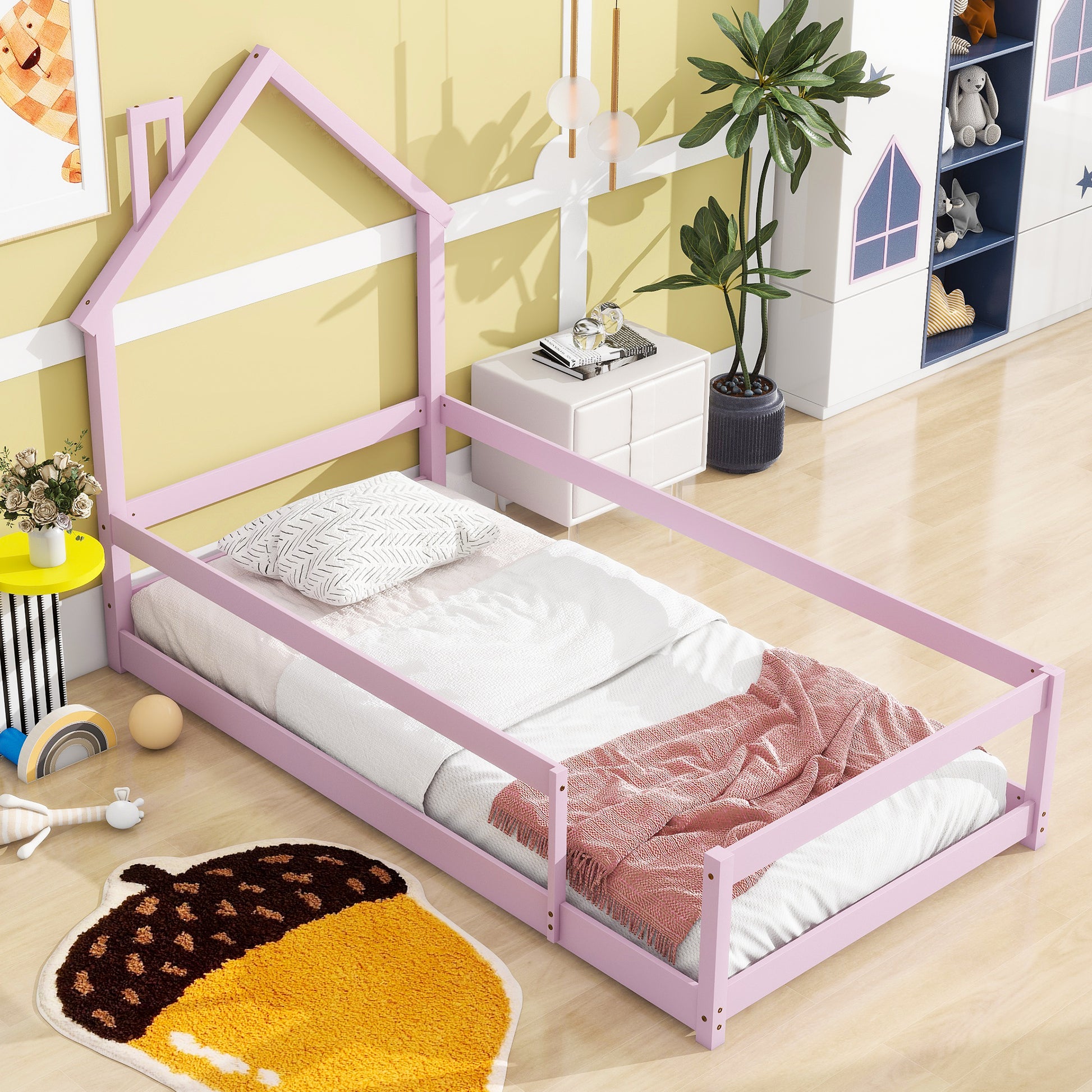 Twin Size Wood Bed With House Shaped Headboard Floor Bed With Fences,Pink Twin Pink Wood Bedroom American Design Pine Pine