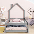 Twin Size Wood Bed With House Shaped Headboard Floor Bed With Fences,Grey Twin Grey Wood Bedroom American Design Pine Pine