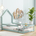 Twin Size Wood Bed With House Shaped Headboard Floor Bed With Fences,Light Green Twin Light Green Wood Bedroom American Design Pine Pine