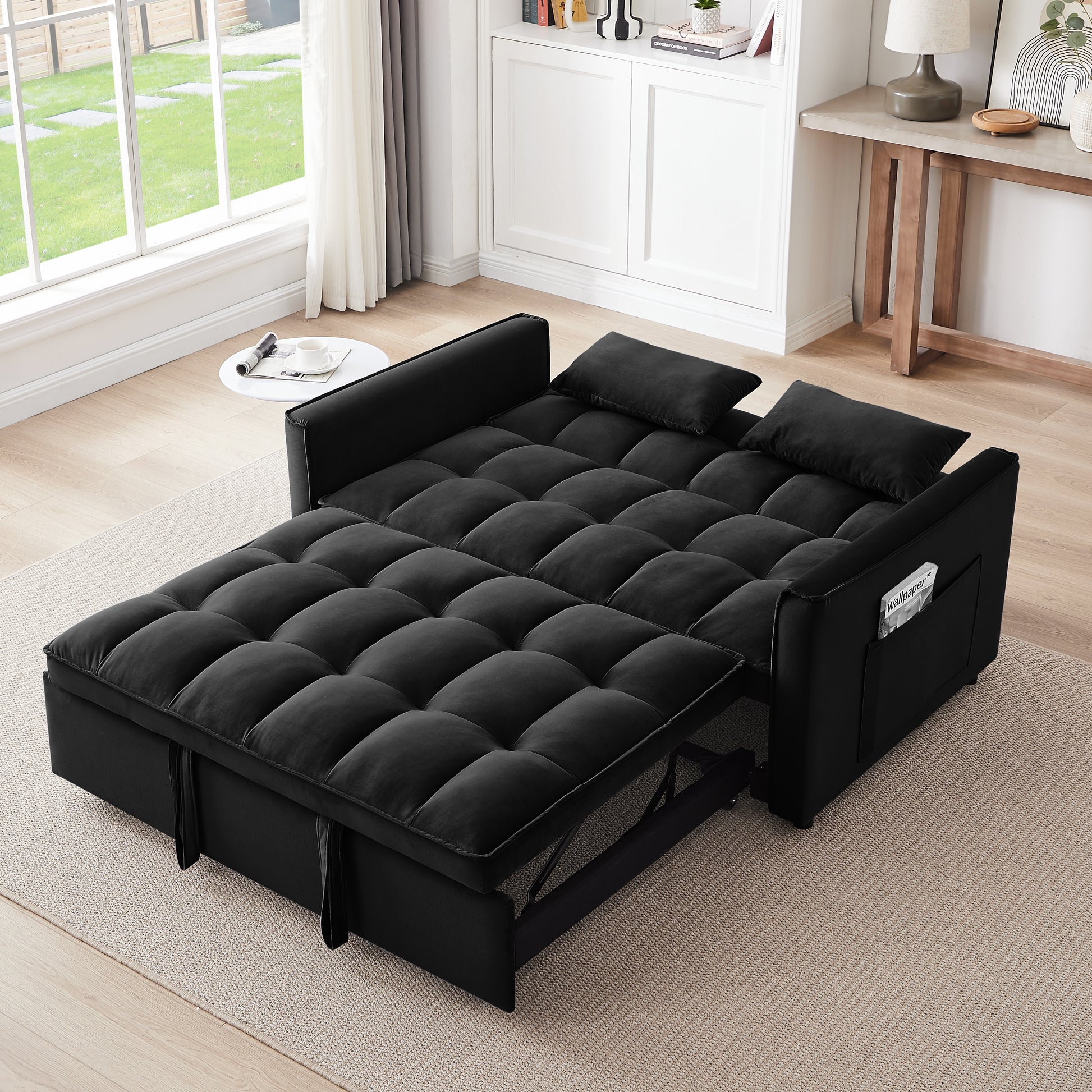 55.1 Inch 3 In 1 Convertible Sofa Bed, Modern Velvet Double Sofa Futon Sofa Bed With Adjustable Back, Storage Bag And Pillow, For Living Room, Bedroom Black Black Metal & Wood 2 Seat