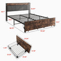 Queen Size Bed Frame, Storage Headboard With Charging Station And 2 Drawers, Solid And Stable, Noise Free, No Box Spring Needed, Easy Assembly, Vintage Brown And Gray Box Spring Not Required Queen Black Iron Brown Bedroom Bed Frame Metal & Wood