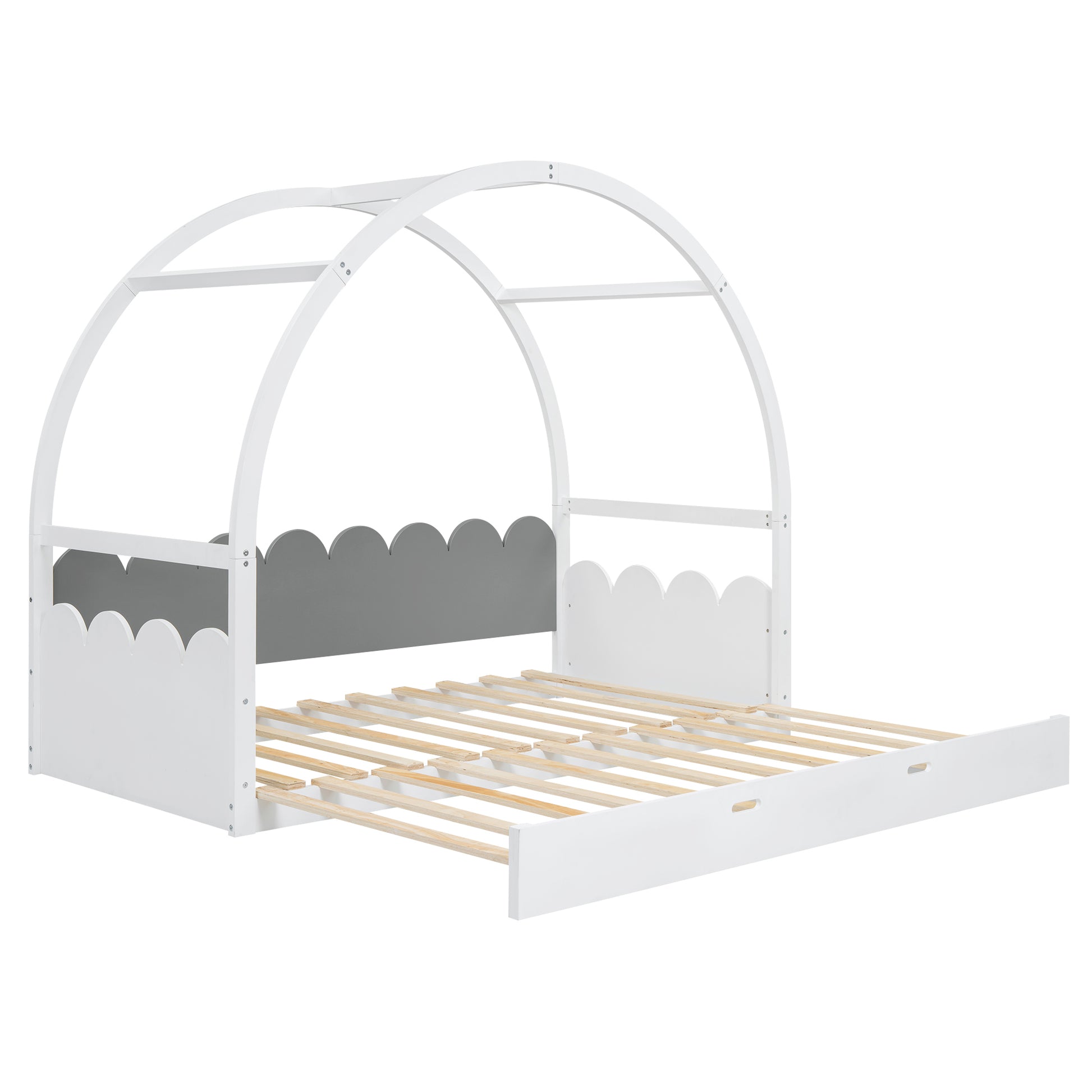 Twin Size Stretchable Vaulted Roof Bed, Children'S Bed Pine Wood Frame, White Gray Box Spring Not Required Twin White Gray Wood Daybeds Pine