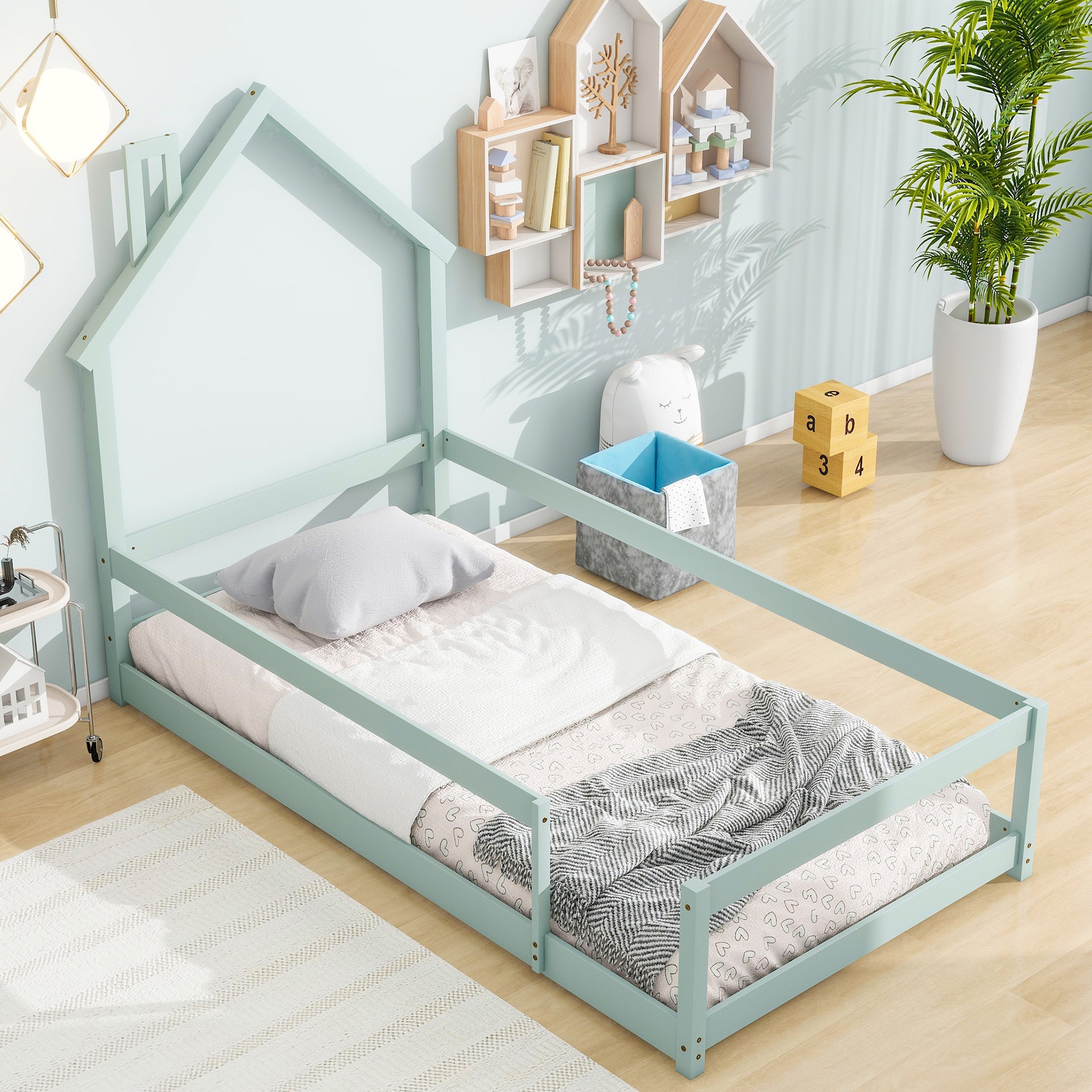 Twin Size Wood Bed With House Shaped Headboard Floor Bed With Fences,Light Green Twin Light Green Wood Bedroom American Design Pine Pine