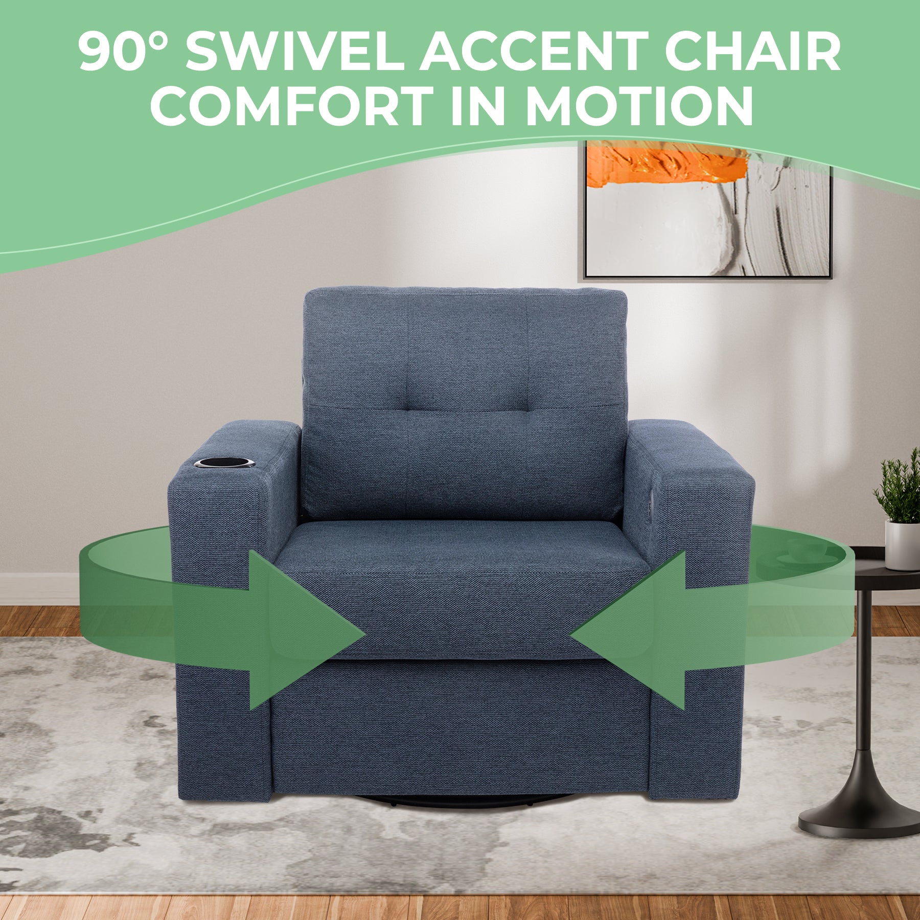 Modern Swivel Accent Sofa Chairergonomic Casual 90 Degree Swivel Single Sofa Seat With Drink Holder Living Room Chair ,Soft Egyptian Velvet Sofa Chair Blue Brown Wood Primary Living Space Delicate Duty Pine 1 Seat Blue Linen Soft Cushion Back Art