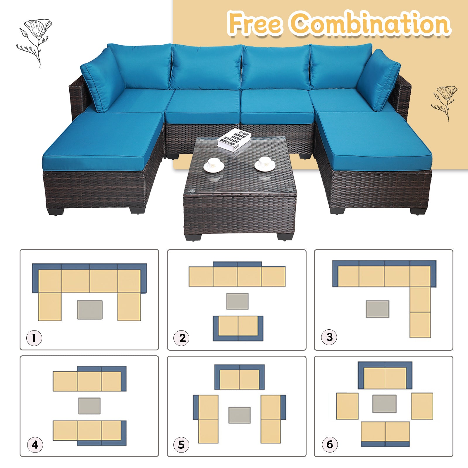 Outdoor Garden Patio Furniture 7 Piece Pe Rattan Wicker Cushioned Sofa Sets And Coffee Table, Patio Furniture Set Outdoor Couch Outdoor Couch Patio Furniture Outdoor Sofa Patio Couch Yes Complete Patio Set Brown Blue Rust Resistant Frame Water Resistant