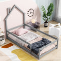 Twin Size Wood Bed With House Shaped Headboard Floor Bed With Fences,Grey Twin Grey Wood Bedroom American Design Pine Pine