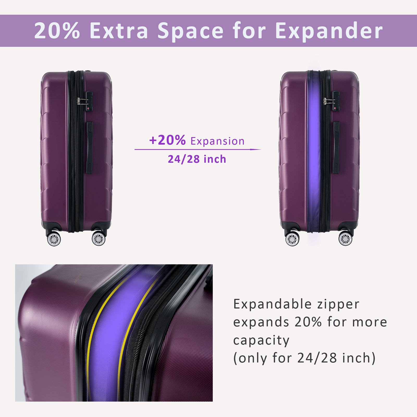 3 Piece Luggage Set Suitcase Set, Abs Hard Shell Lightweight Expandable Travel Luggage With Tsa Lock, Spinner Wheels For Men Women Violet Abs