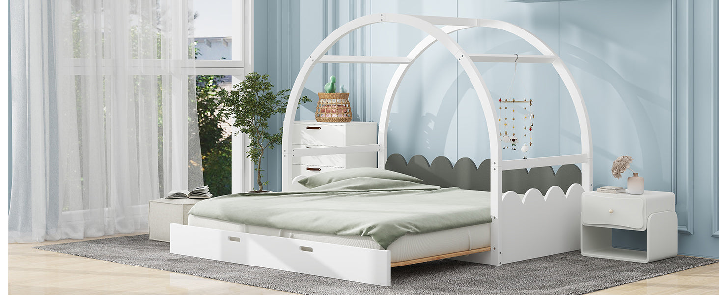 Twin Size Stretchable Vaulted Roof Bed, Children'S Bed Pine Wood Frame, White Gray Box Spring Not Required Twin White Gray Wood Daybeds Pine