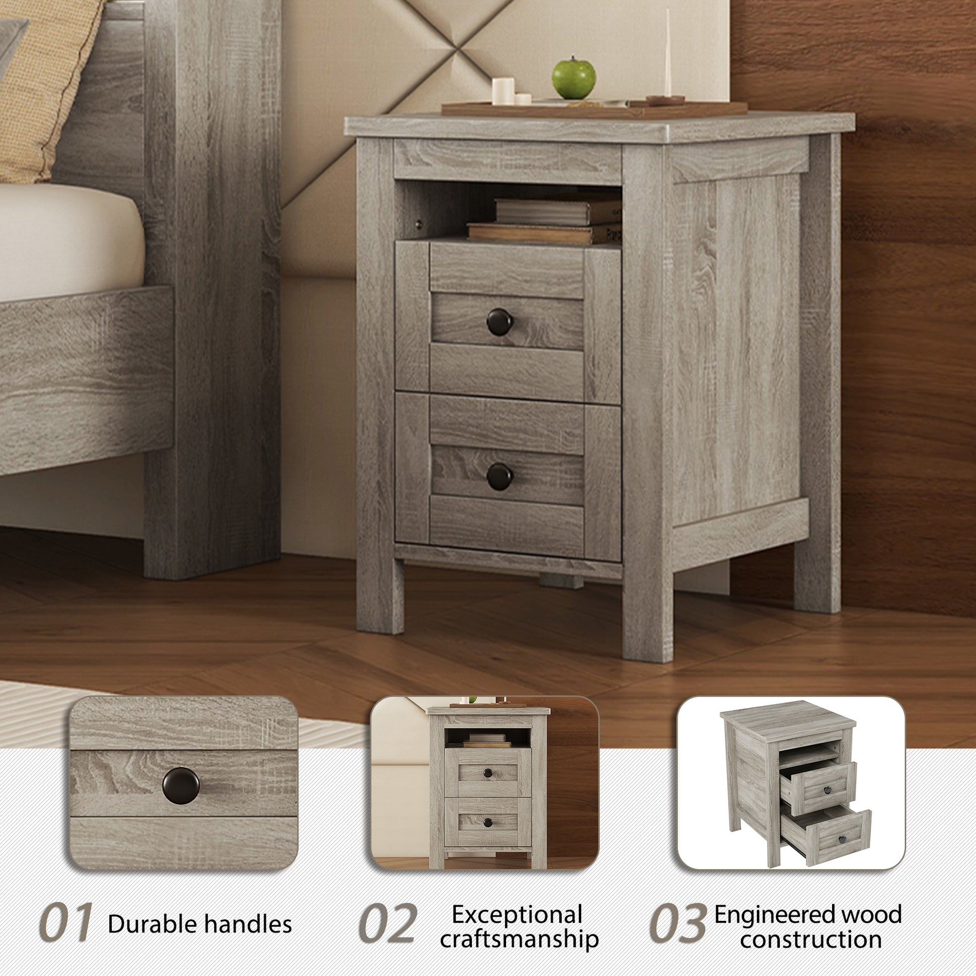 3 Pieces Bedroom Sets Full Size Farmhouse Platform Bed With Double Sliding Door Storage Headboard And Charging Station, Storage Nightstand And Dresser, Antique Gray Full Antique Gray 3 Piece Set Particle Board