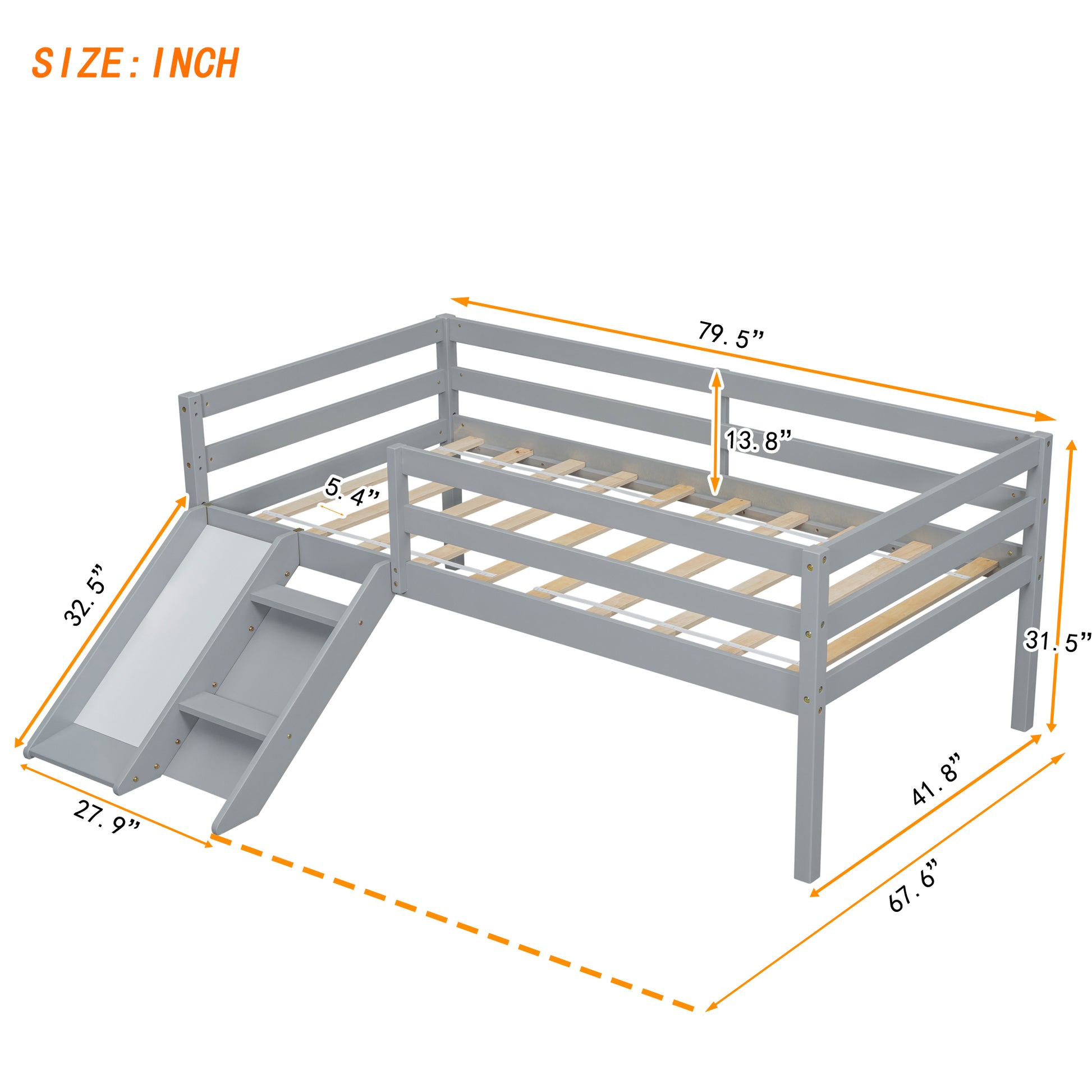 Twin Low Loft Bed With Slide, Ladder, Safety Guardrails, No Box Spring Needed,Grey Twin Grey American Design Pine