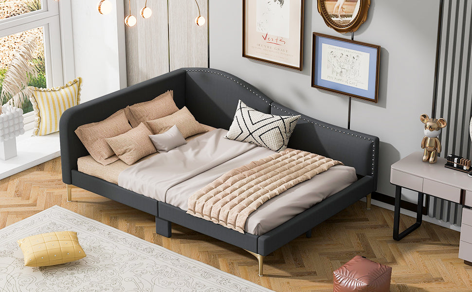 Full Size Upholstered Daybed With Headboard And Armrest, Support Legs, Grey Box Spring Not Required Full Grey Wood Daybeds Linen Upholstered