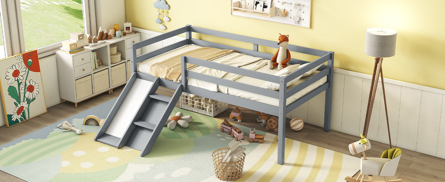 Twin Low Loft Bed With Slide, Ladder, Safety Guardrails, No Box Spring Needed,Grey Twin Grey American Design Pine