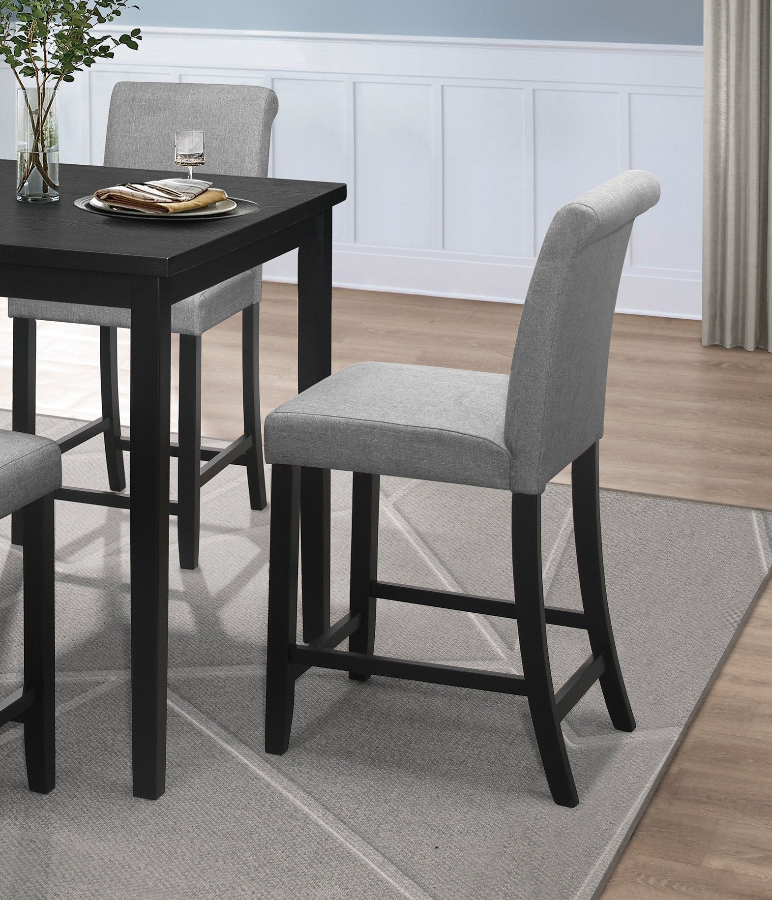 Counter Height 5Pc Dining Set Table And Chairs Black Gray Upholstered Transitional Wooden Furniture Breakfast Kitchen Set Wood Wood Black Seats 4 Wood Dining Room Casual,Transitional 4 Leg Square Dining Table With Chair Wood