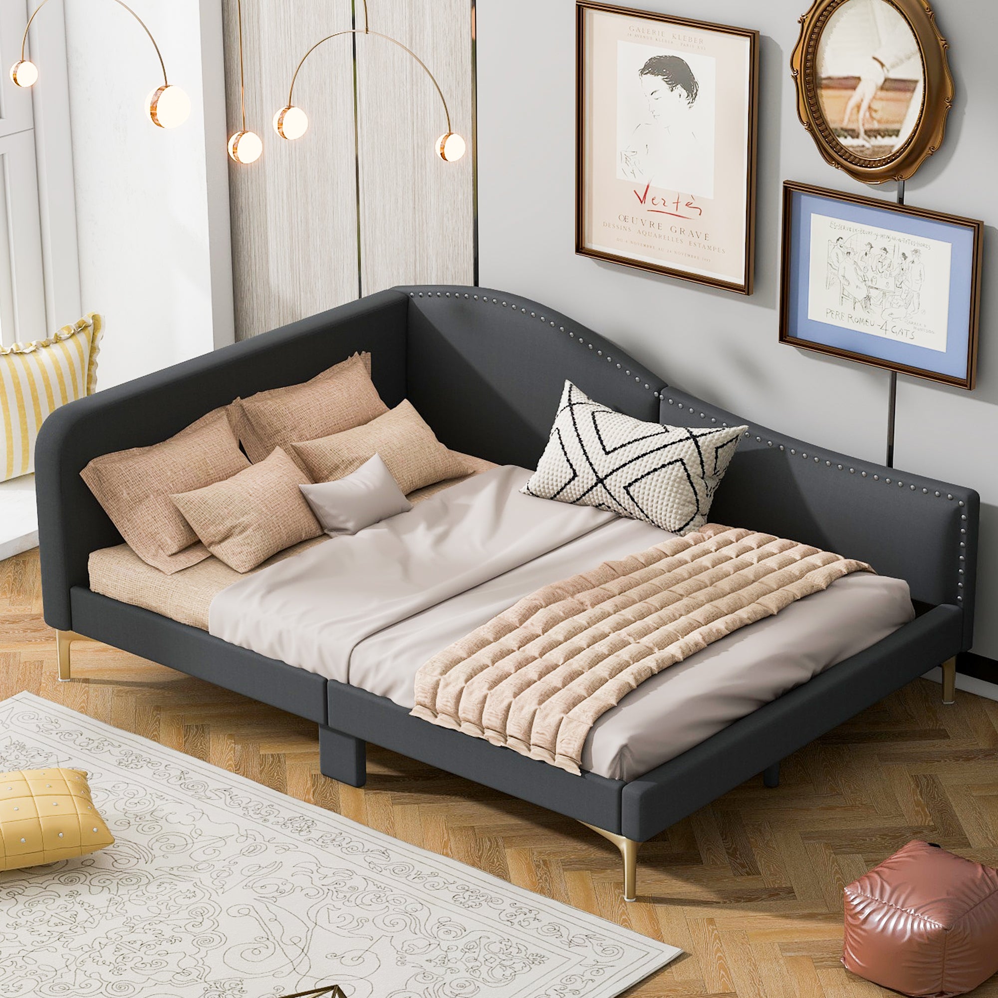 Full Size Upholstered Daybed With Headboard And Armrest, Support Legs, Grey Box Spring Not Required Full Grey Wood Daybeds Linen Upholstered