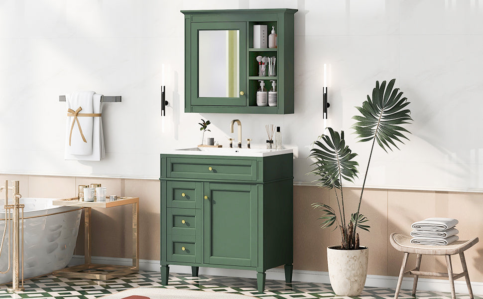 30'' Bathroom Vanity With Top Sink, Modern Bathroom Storage Cabinet With 2 Drawers And A Tip Out Drawer, Freestanding Vanity Set With Mirror Cabinet, Single Sink Bathroom Vanity 3 Green 2 5 Bathroom Freestanding Solid Wood Mdf Resin Painted