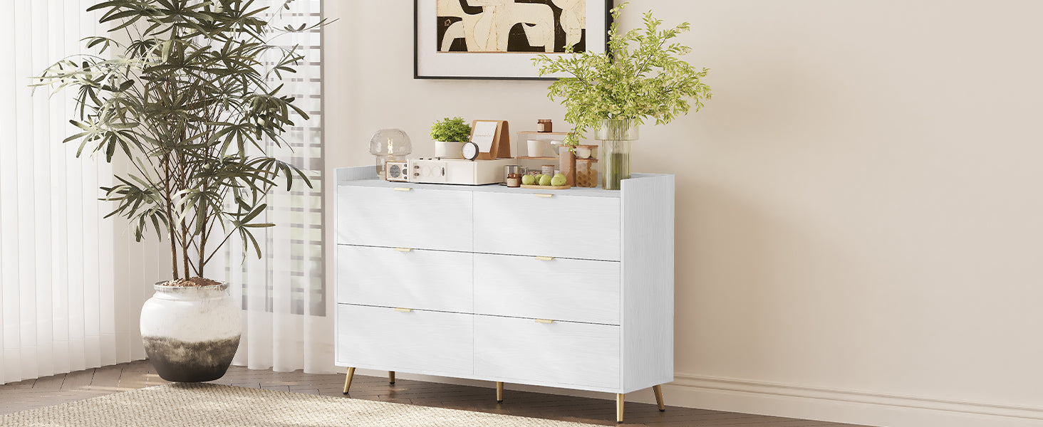 55" Long 6 Drawer Dresser With Marbling Worktop, Mordern Storage Cabinet With Metal Leg And Handle For Bedroom, White White Mdf Metal