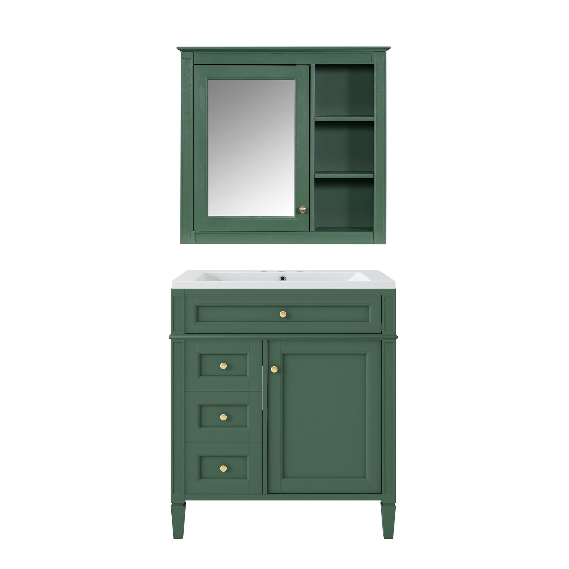 30'' Bathroom Vanity With Top Sink, Modern Bathroom Storage Cabinet With 2 Drawers And A Tip Out Drawer, Freestanding Vanity Set With Mirror Cabinet, Single Sink Bathroom Vanity 3 Green 2 5 Bathroom Freestanding Solid Wood Mdf Resin Painted