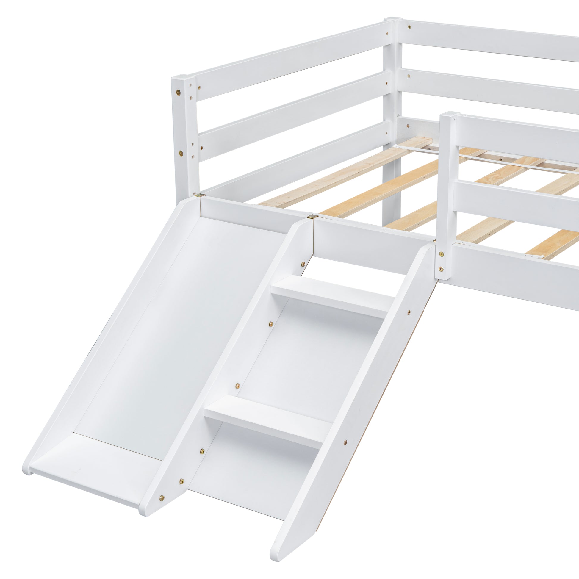 Twin Low Loft Bed With Slide, Ladder, Safety Guardrails, No Box Spring Needed,White Twin White American Design Pine