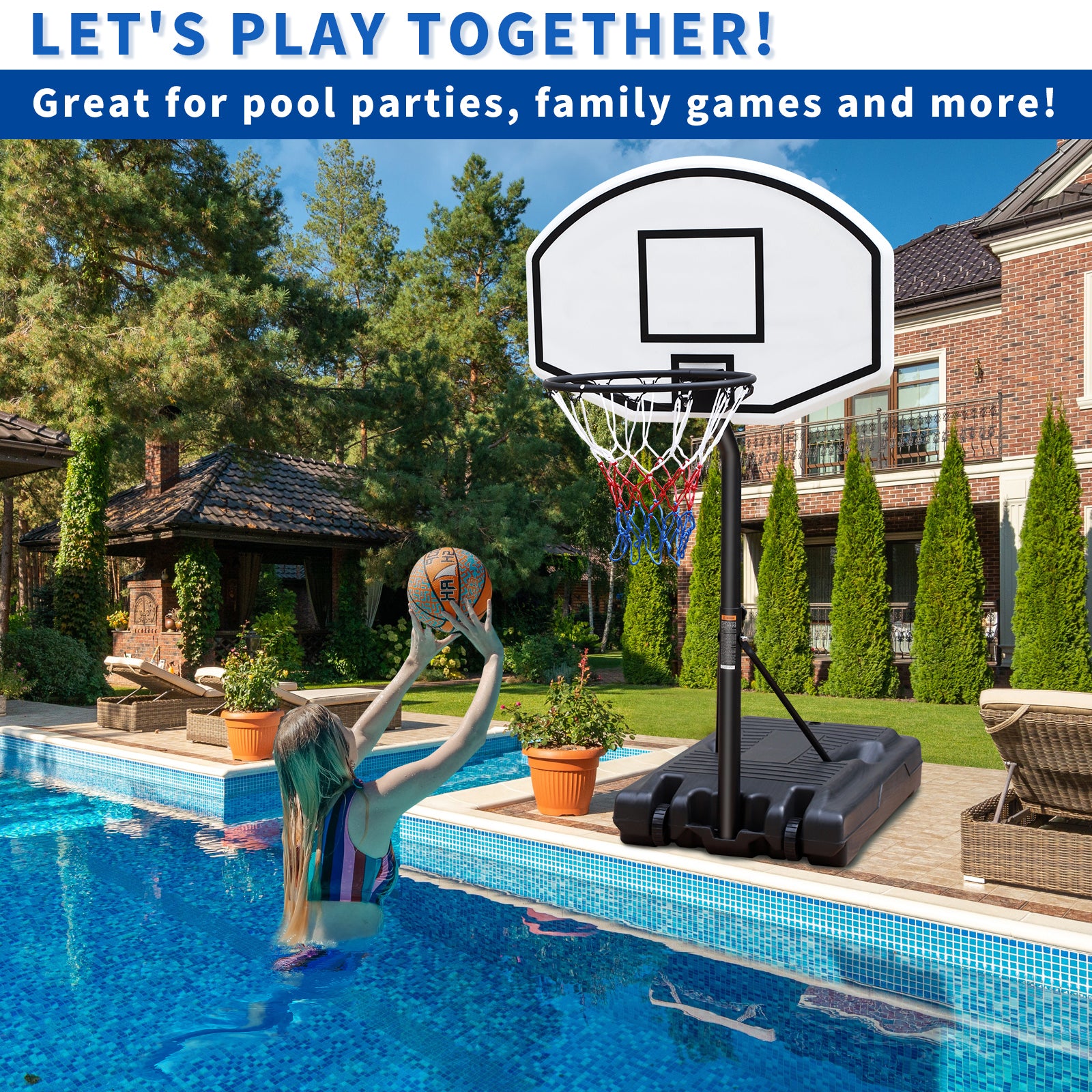 Portable Poolside Basketball Hoop Swimming Pool 3.1Ft To 4.7Ft Height Adjustable Basketball System Goal Stand For Kids White Black Steel