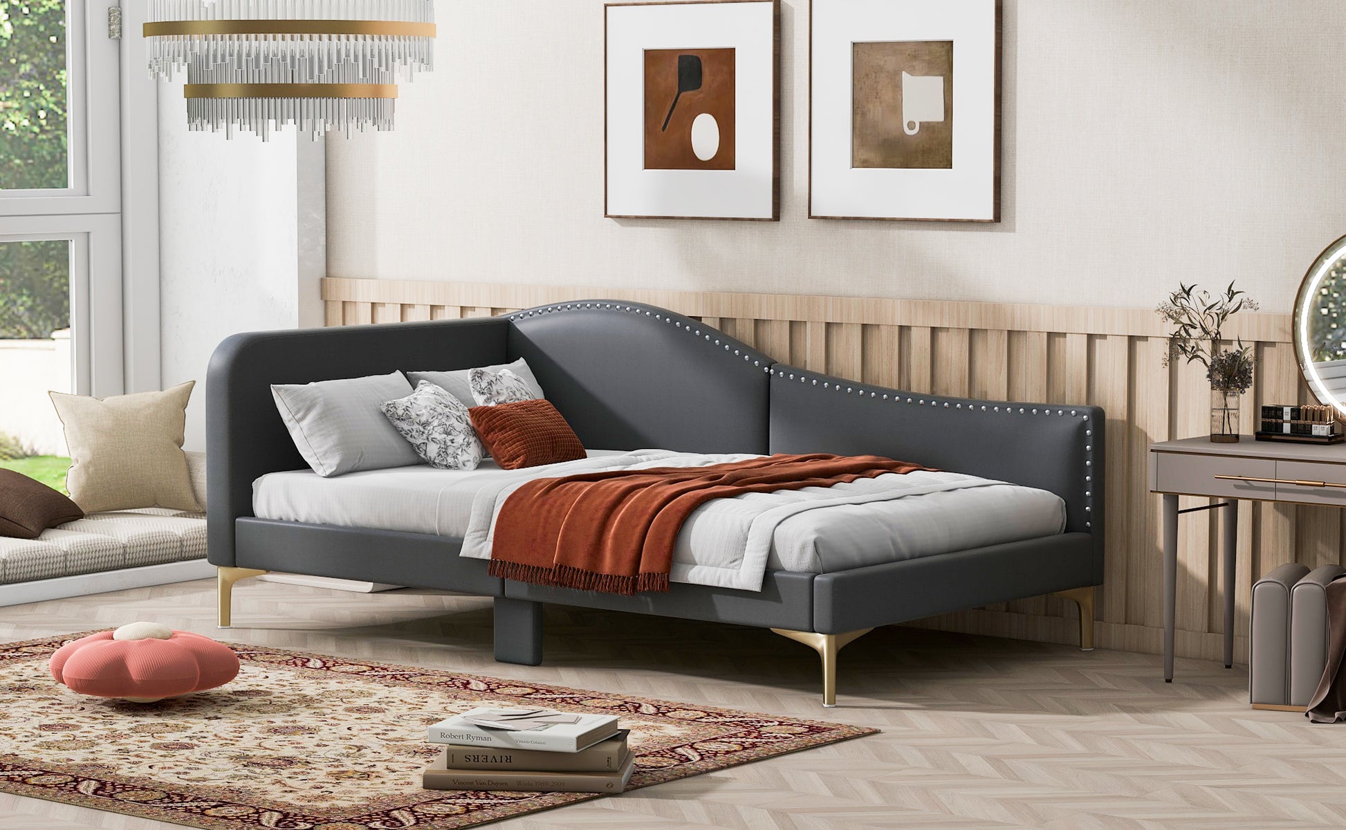 Twin Size Upholstered Daybed With Headboard And Armrest, Support Legs, Grey Box Spring Not Required Twin Grey Wood Daybeds Linen Upholstered