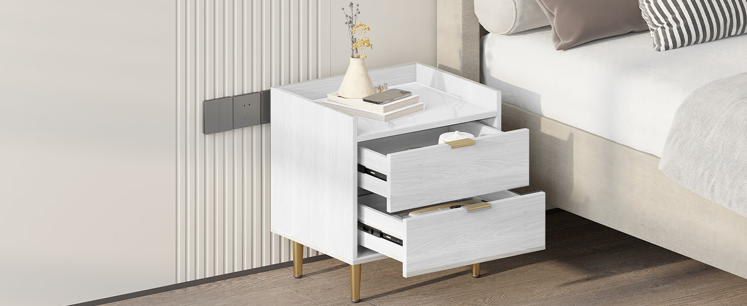 Wooden Nightstand With 2 Drawers And Marbling Worktop, Mordern Wood Bedside Table With Metal Legs&Handles,White White Mdf Metal